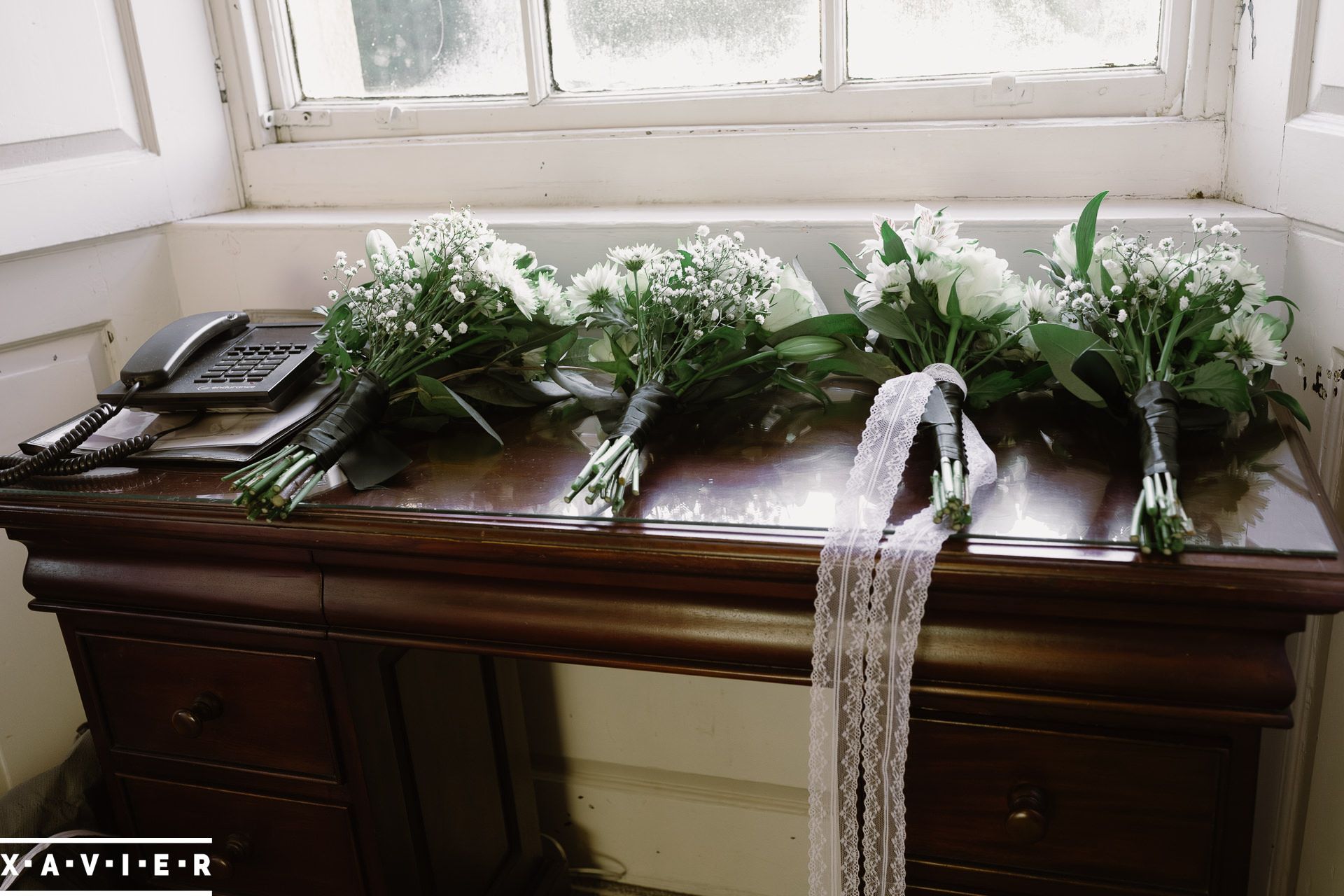 bunches of wedding flowers on a table