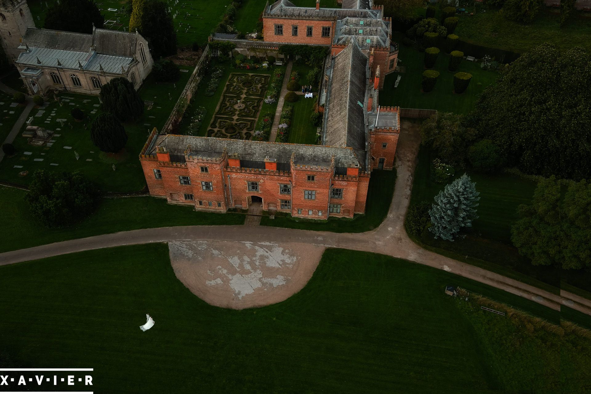 drone photo of bride and groom