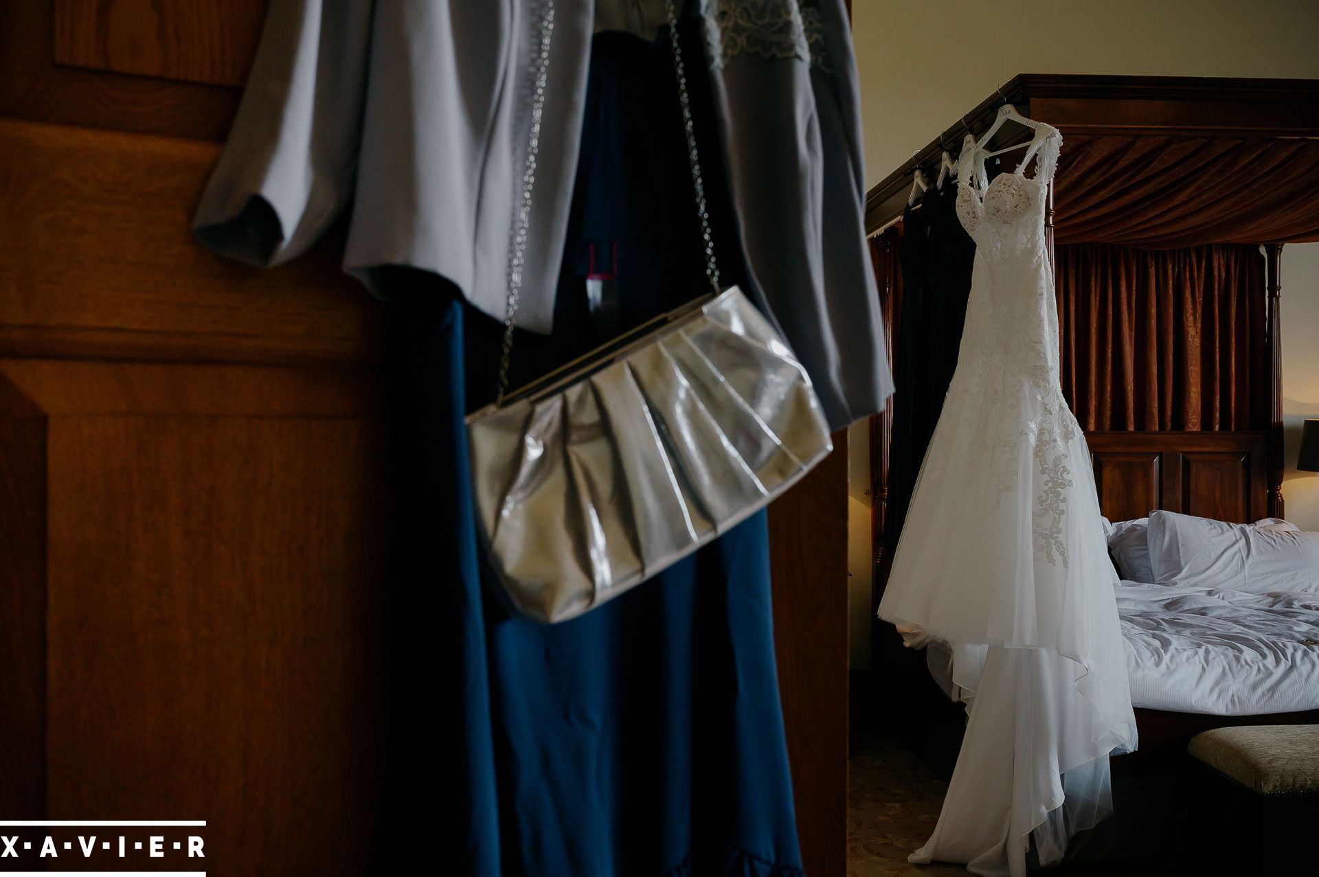 wedding dress hanging in the room